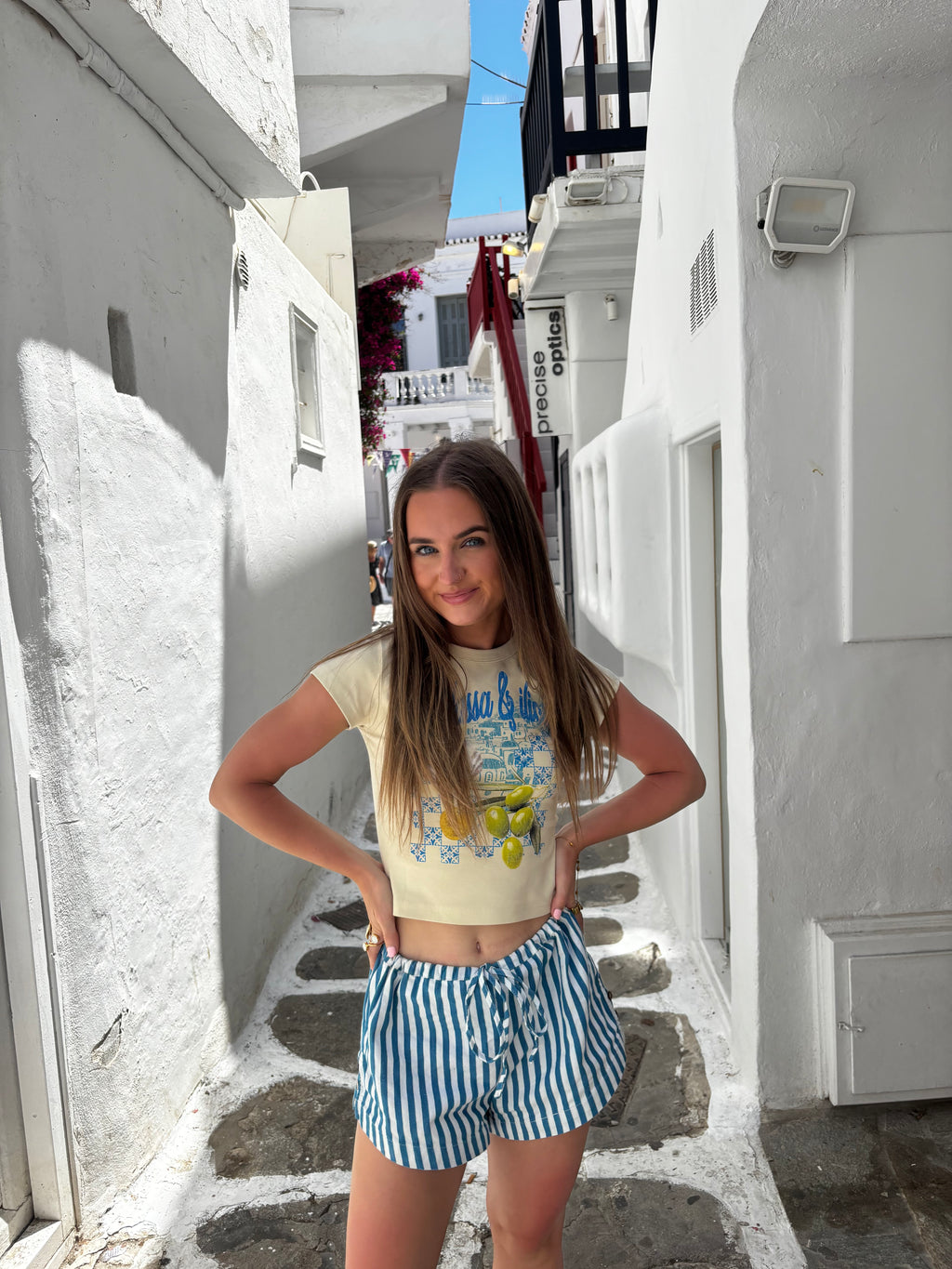 "SANTORINI SUN" Cropped Baby Tee