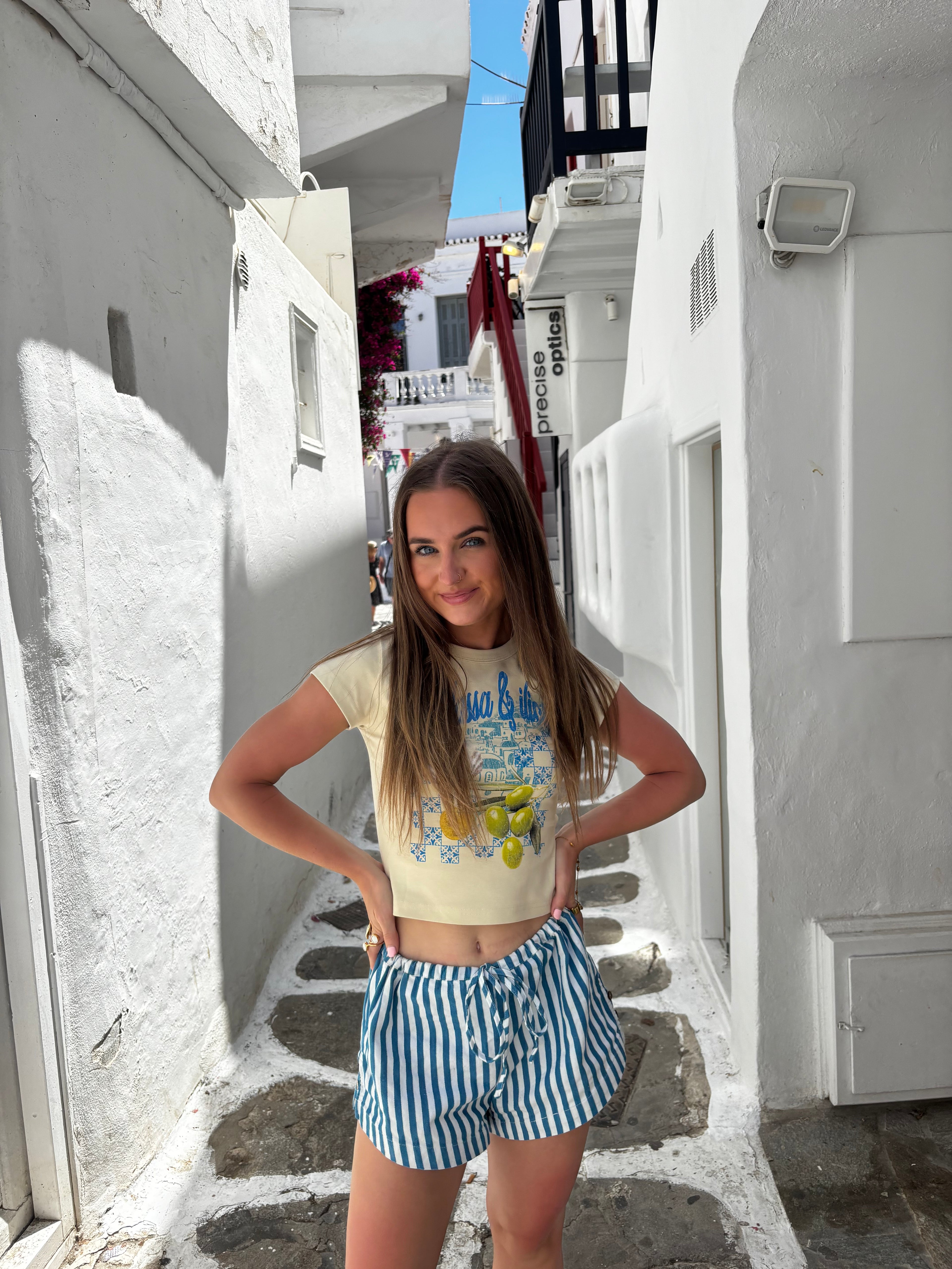 "SANTORINI SUN" Cropped Baby Tee