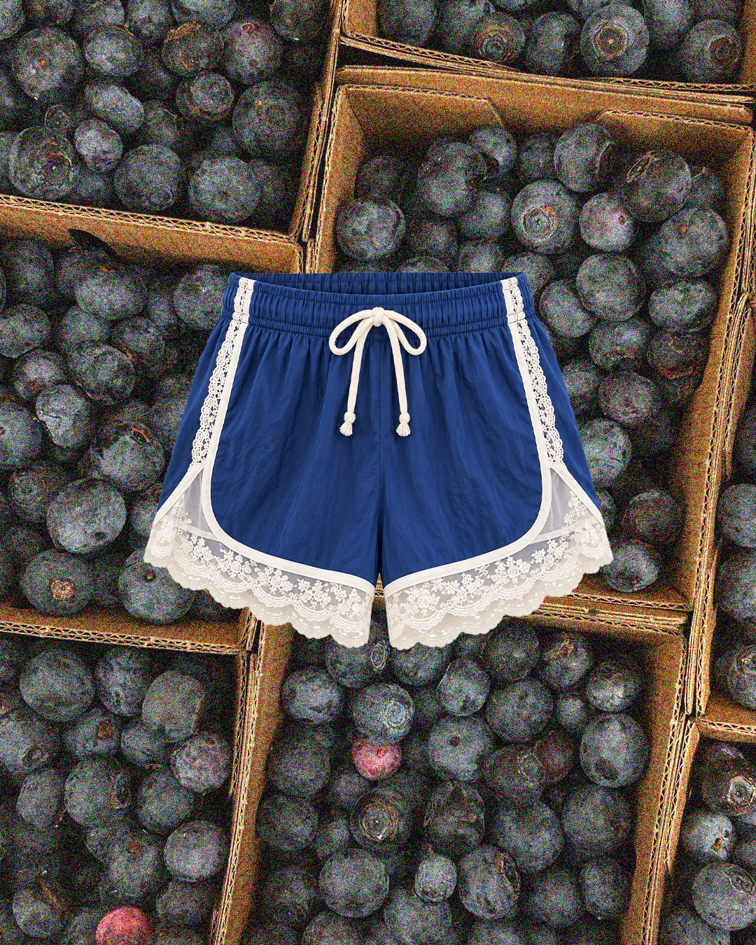 "BLUEBERRY PRESERVES" Lace Trimmed Track Shorts