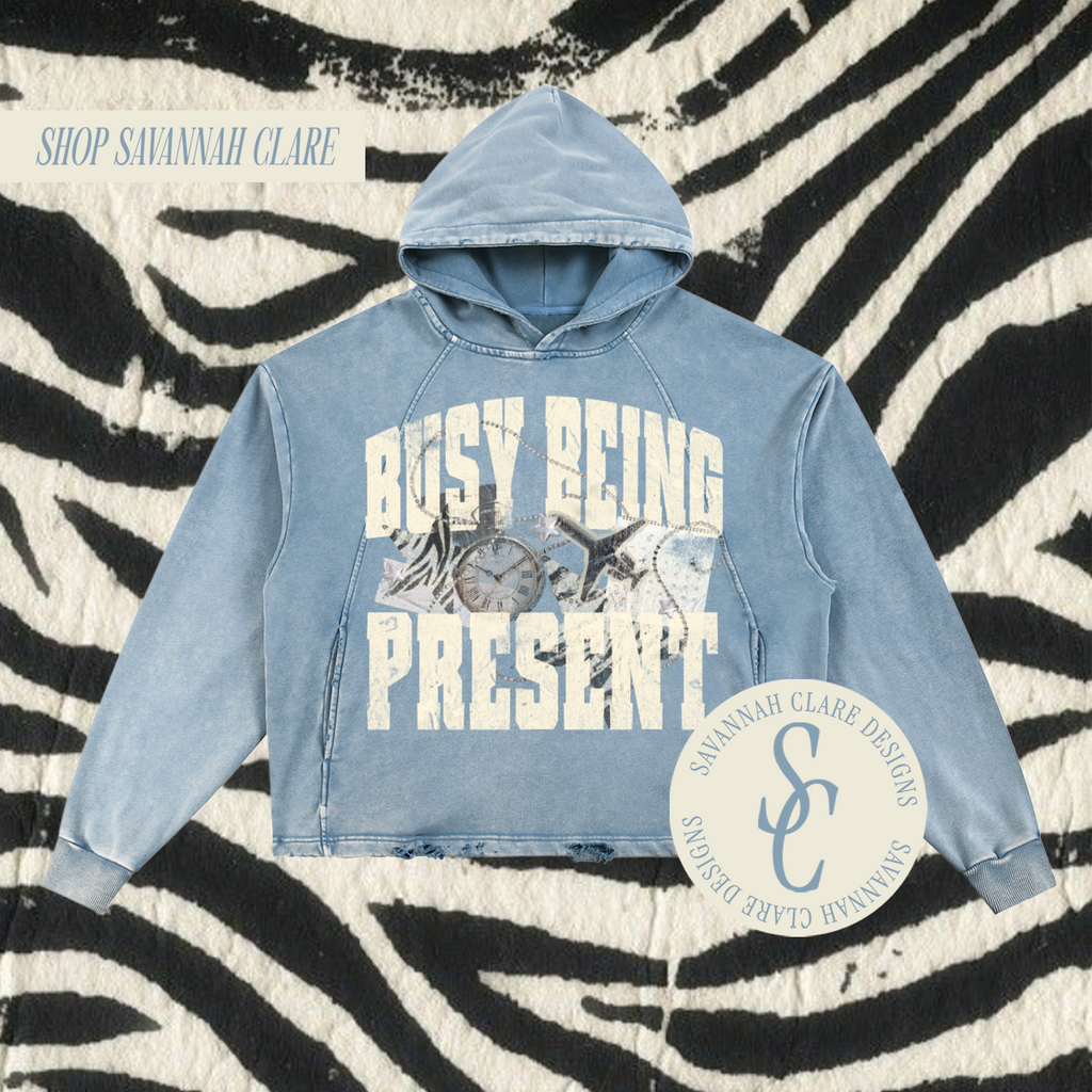 "BUSY BEING PRESENT" Vintage Wash Distressed Boxy Hoodie