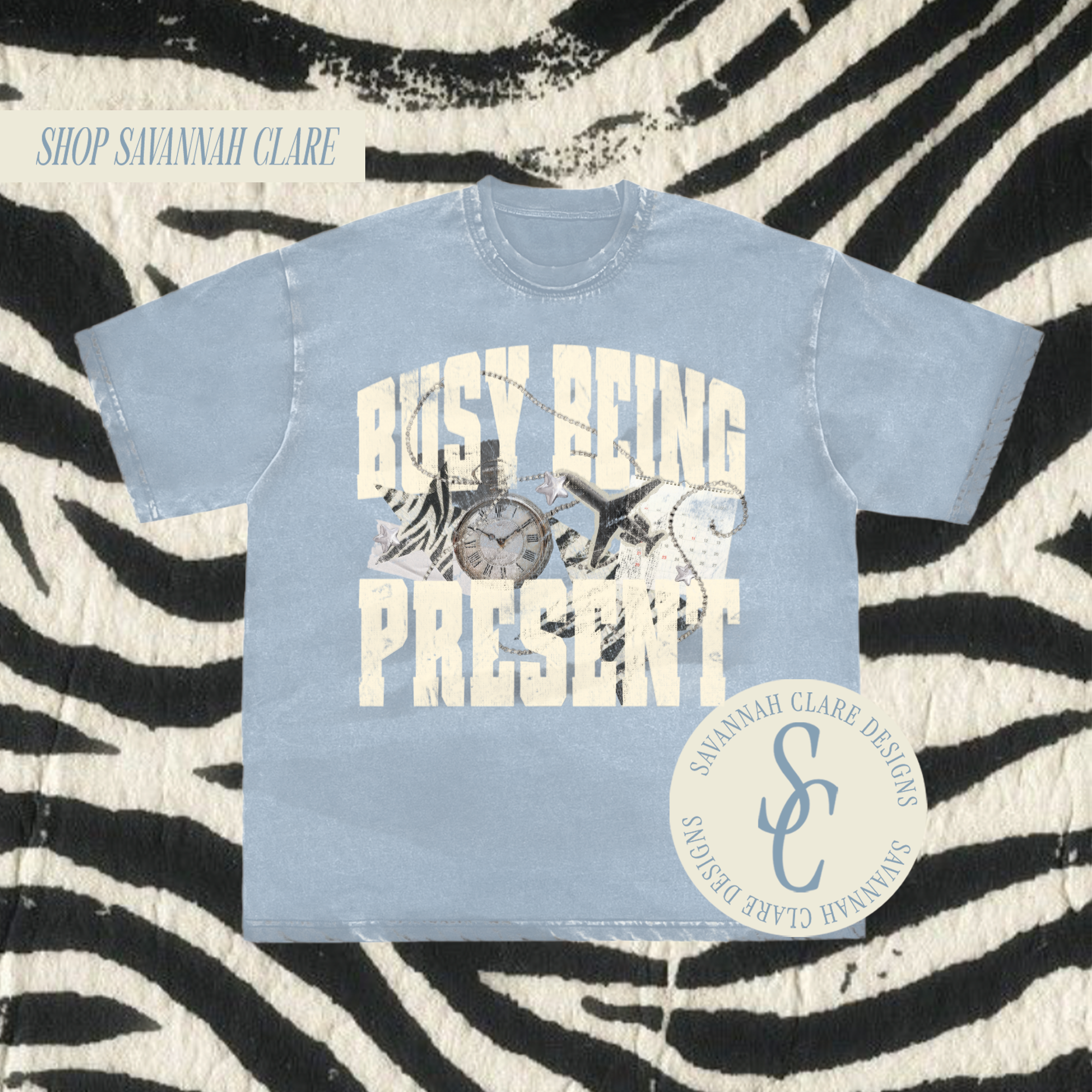"BUSY BEING PRESENT" Distressed Neckline Tee
