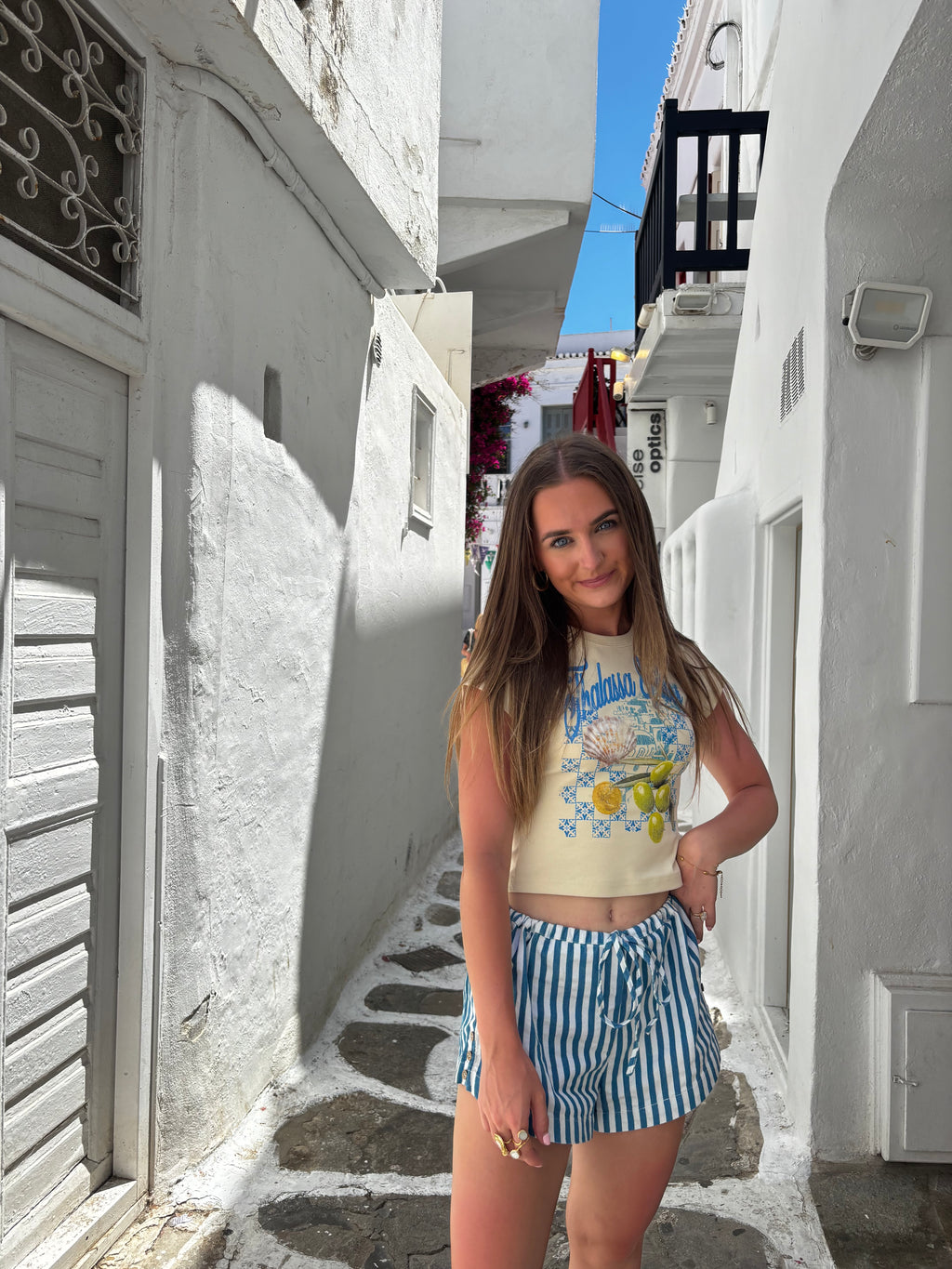 "SANTORINI SUN" Cropped Baby Tee