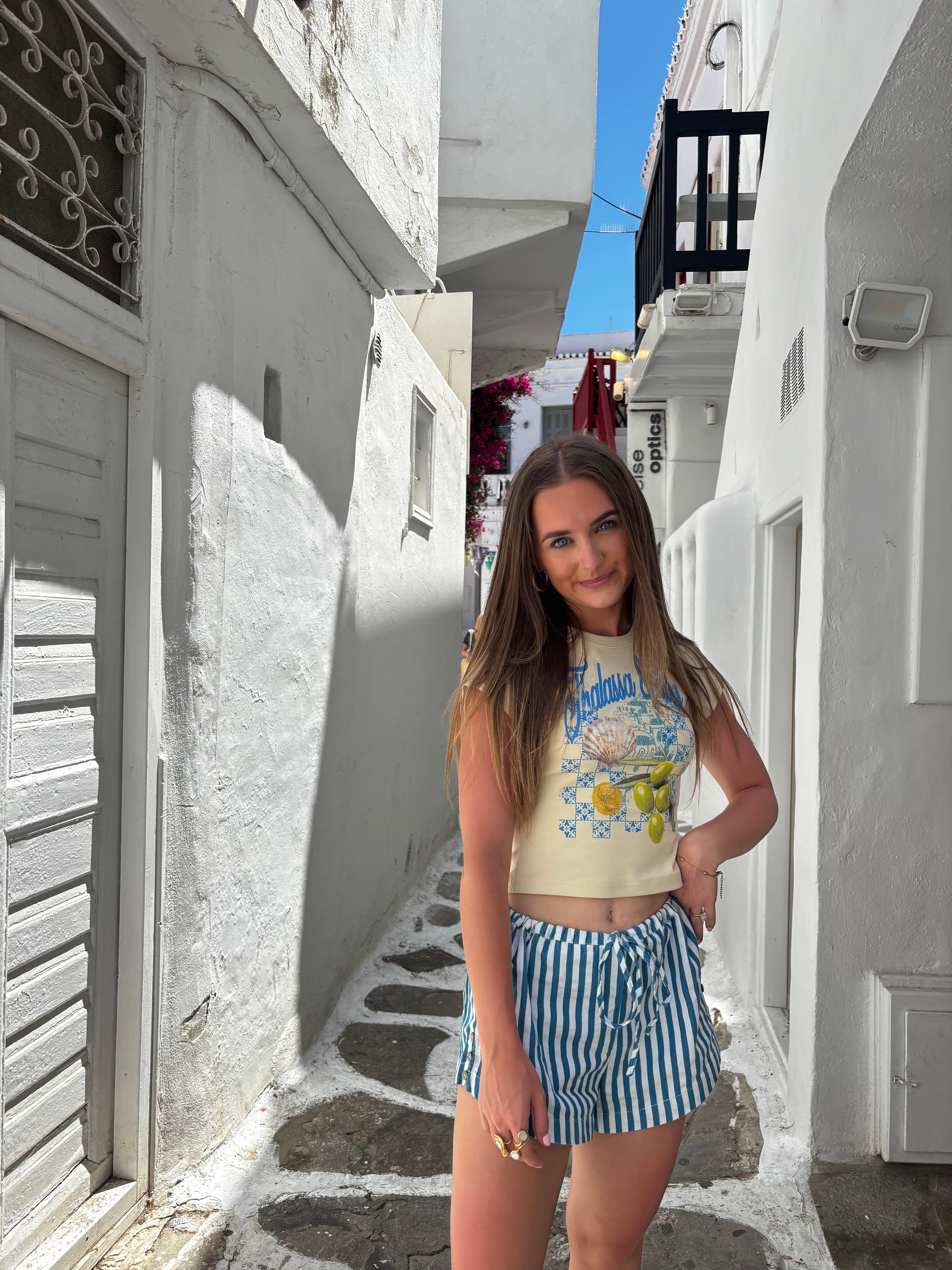 "SANTORINI SUN" Cropped Baby Tee