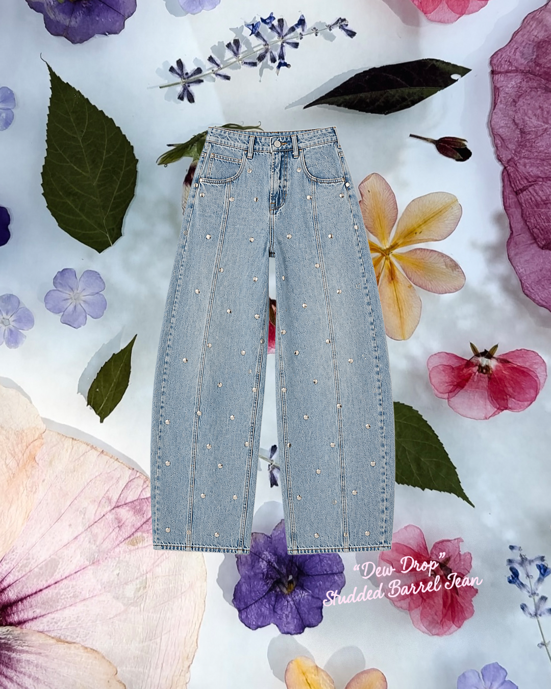 "DEW DROPS" Studded Barrel Jean