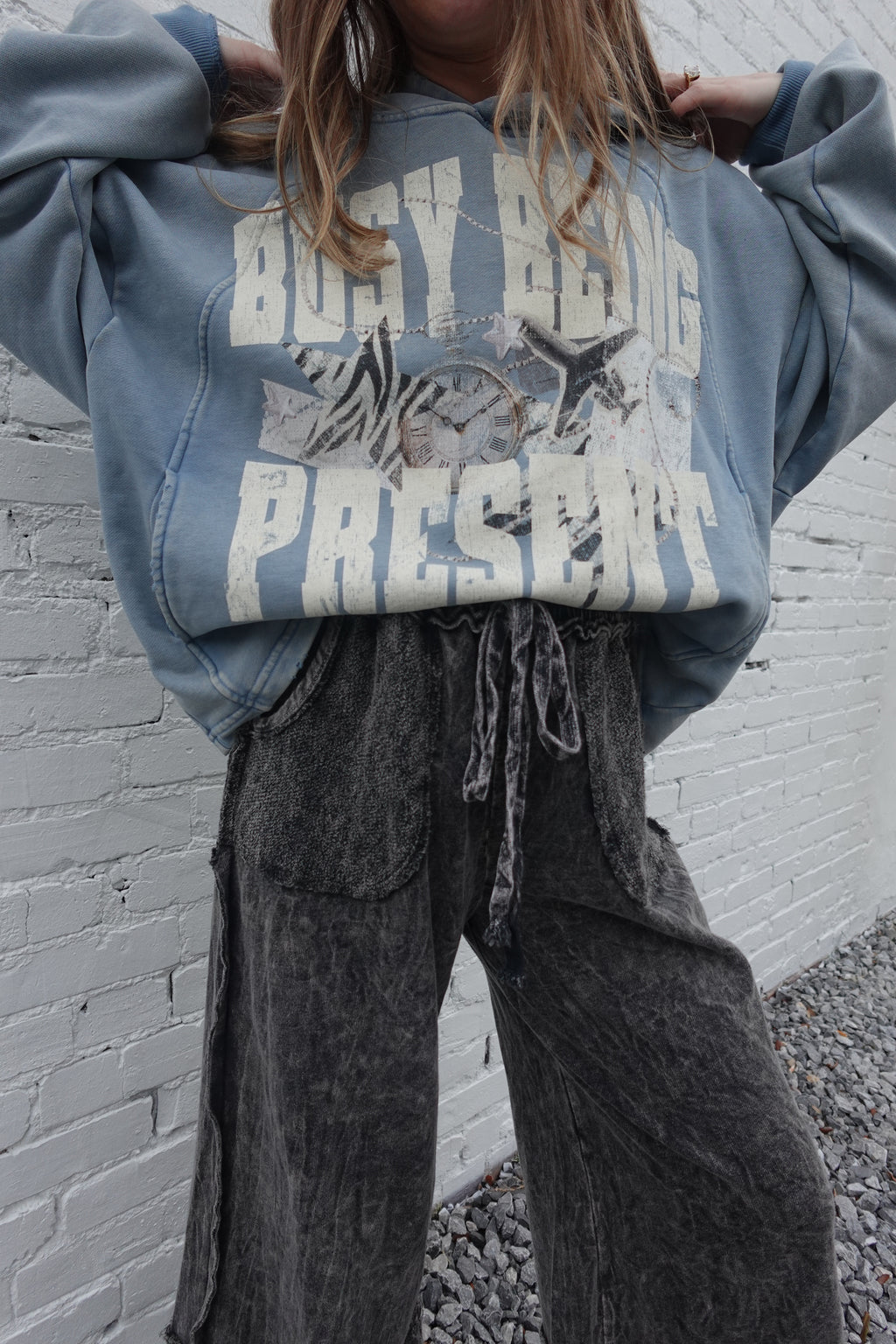 "BUSY BEING PRESENT" Vintage Wash Distressed Boxy Hoodie