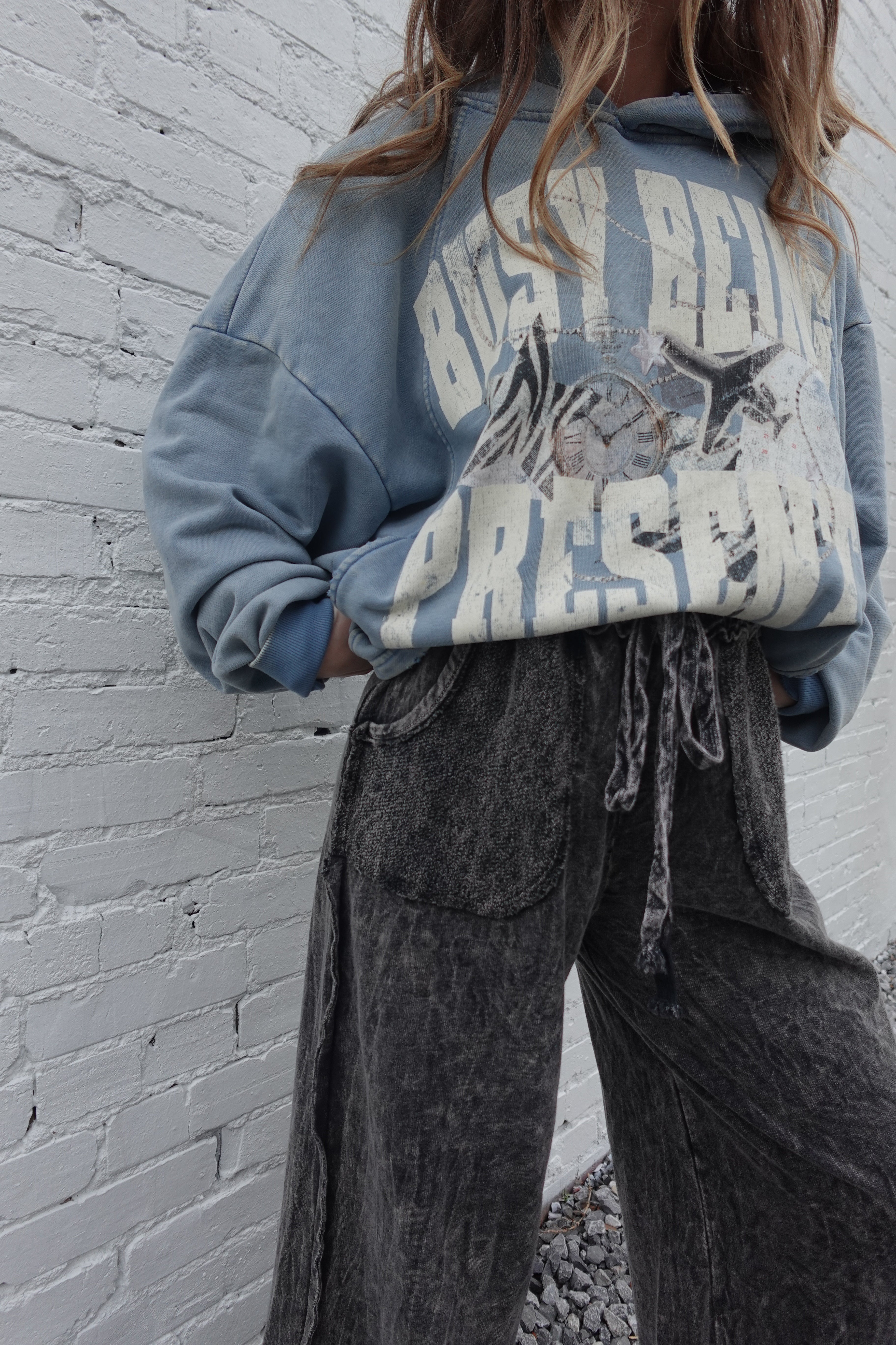 "BUSY BEING PRESENT" Vintage Wash Distressed Boxy Hoodie