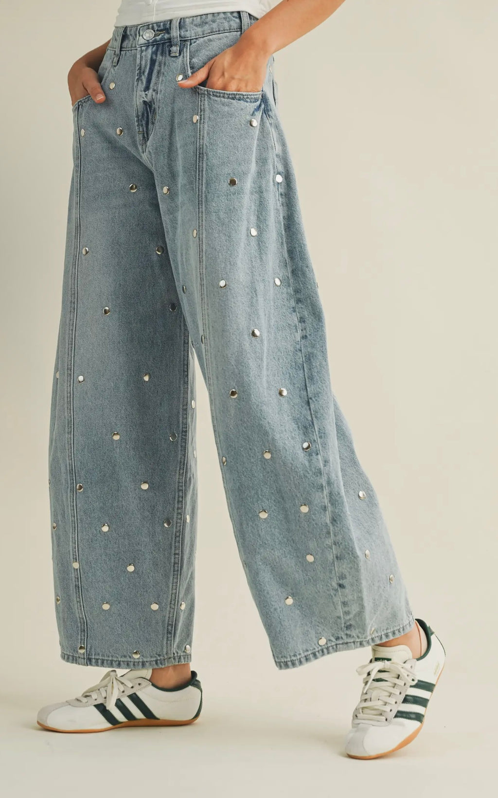 "DEW DROPS" Studded Barrel Jean