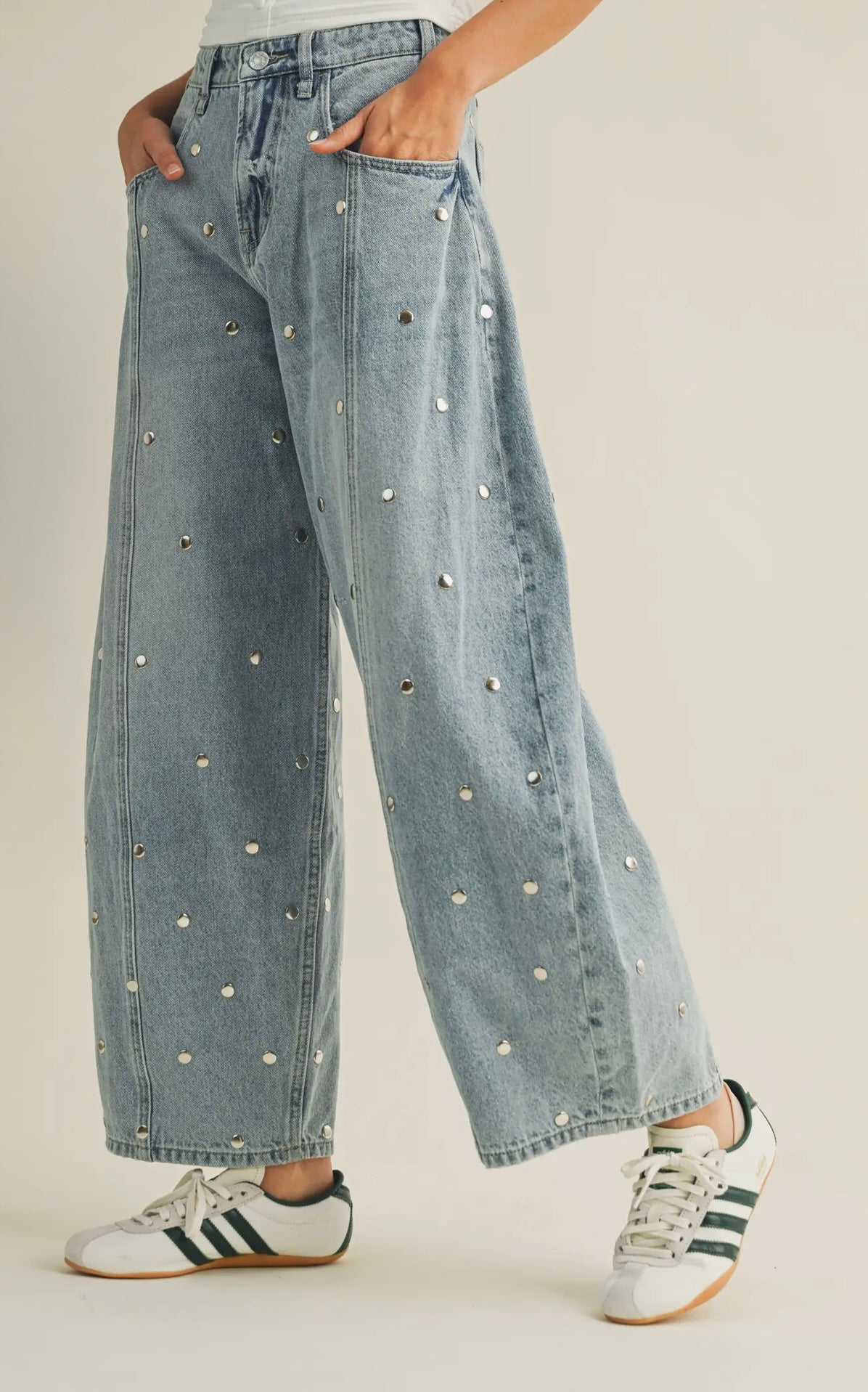 "DEW DROPS" Studded Barrel Jean