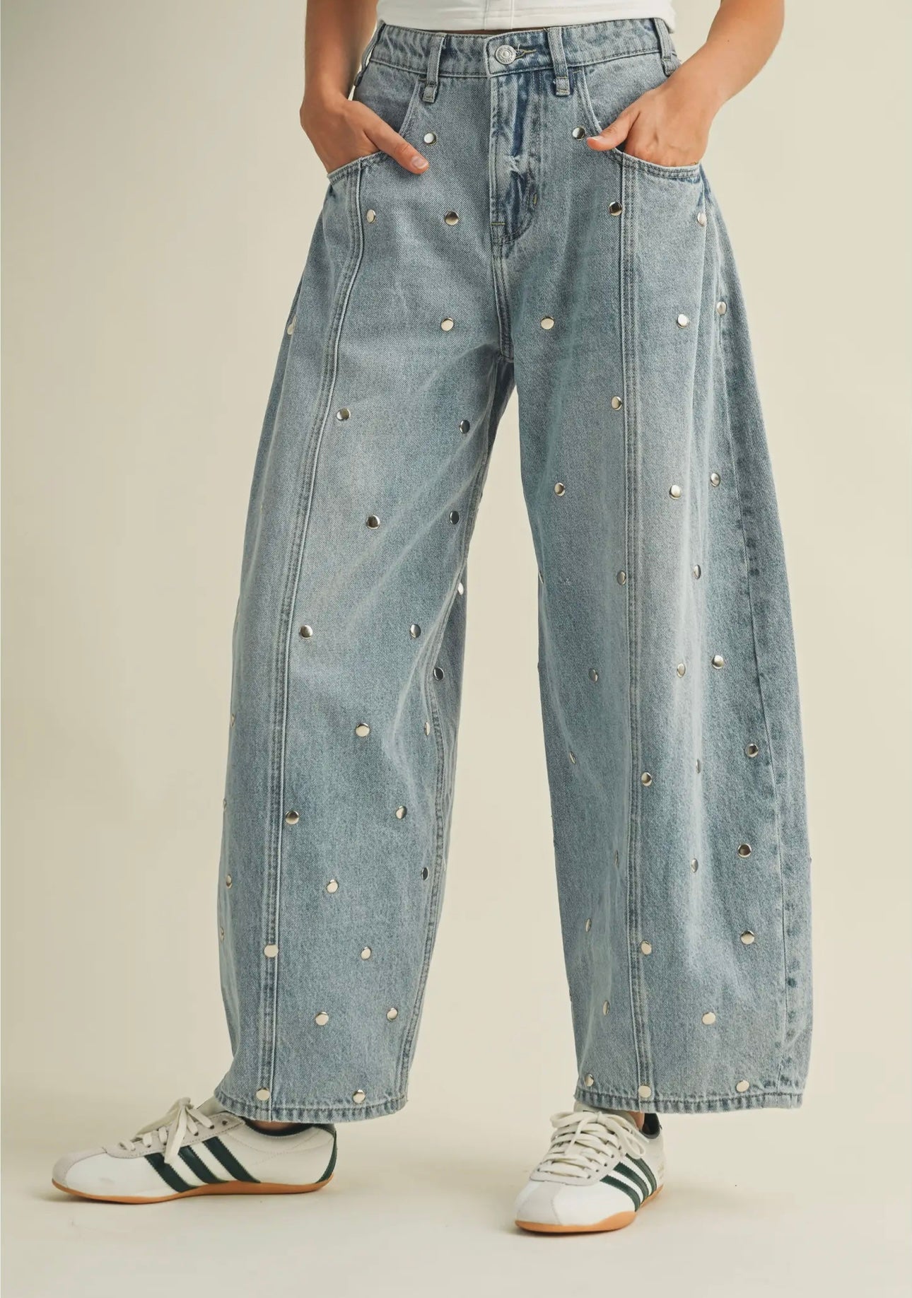 "DEW DROPS" Studded Barrel Jean