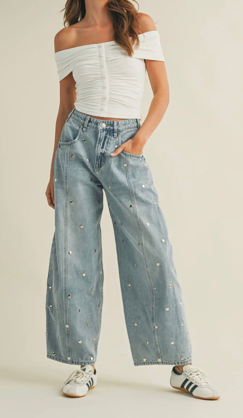 "DEW DROPS" Studded Barrel Jean