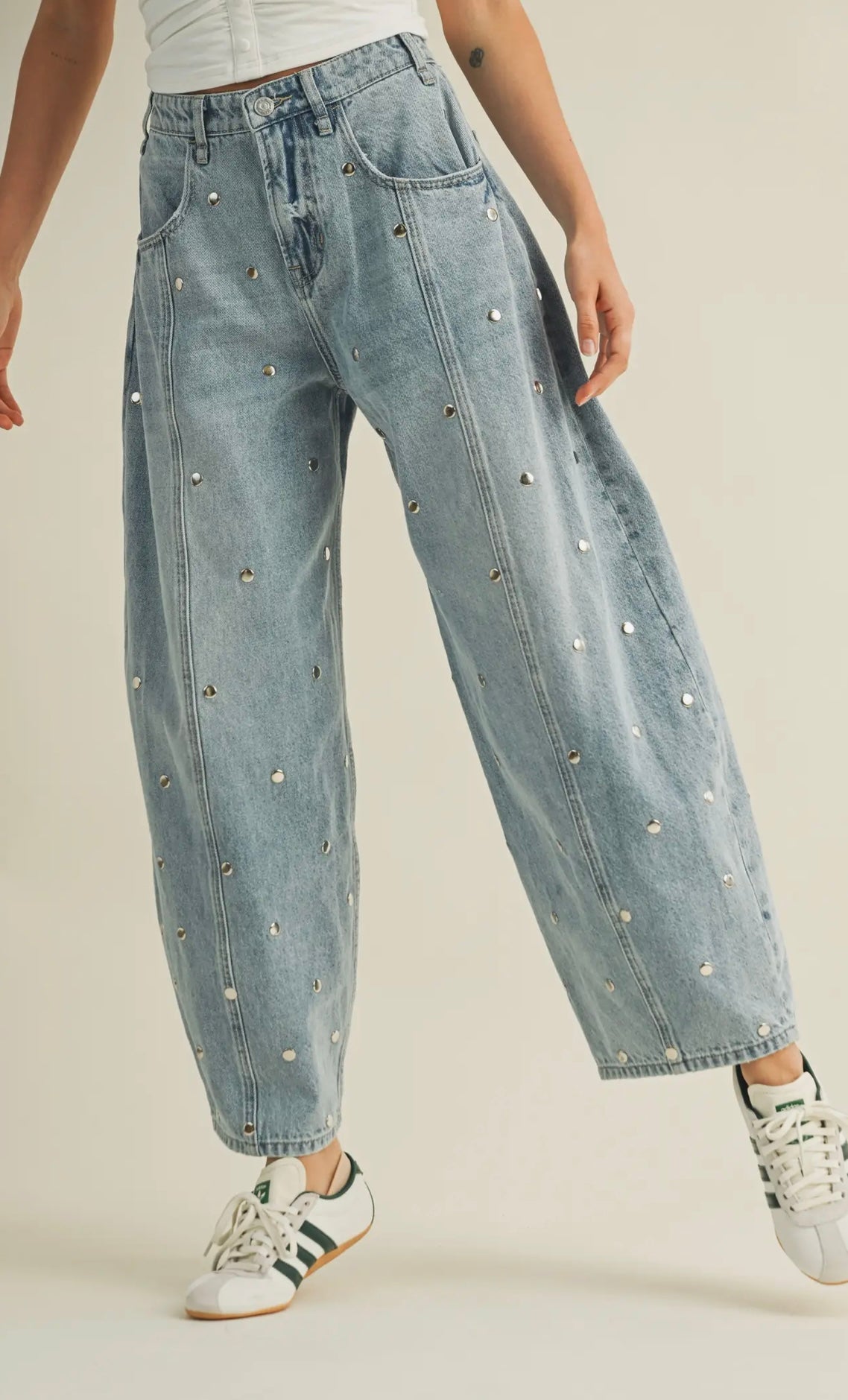 "DEW DROPS" Studded Barrel Jean