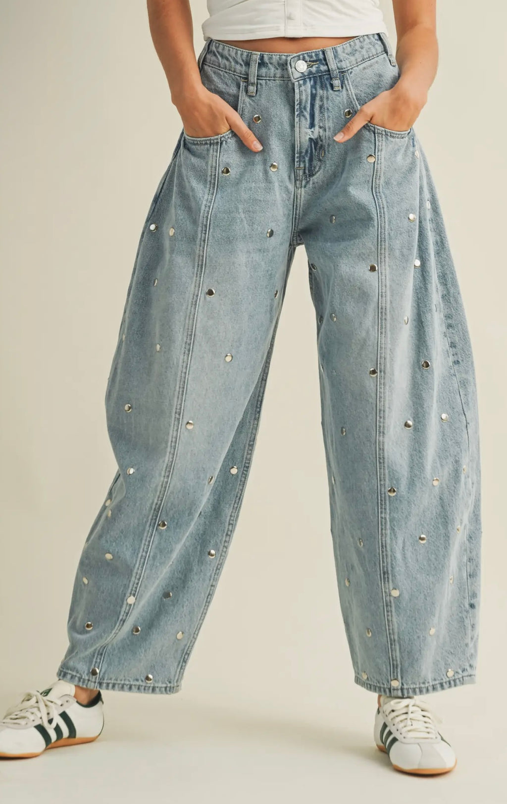 "DEW DROPS" Studded Barrel Jean