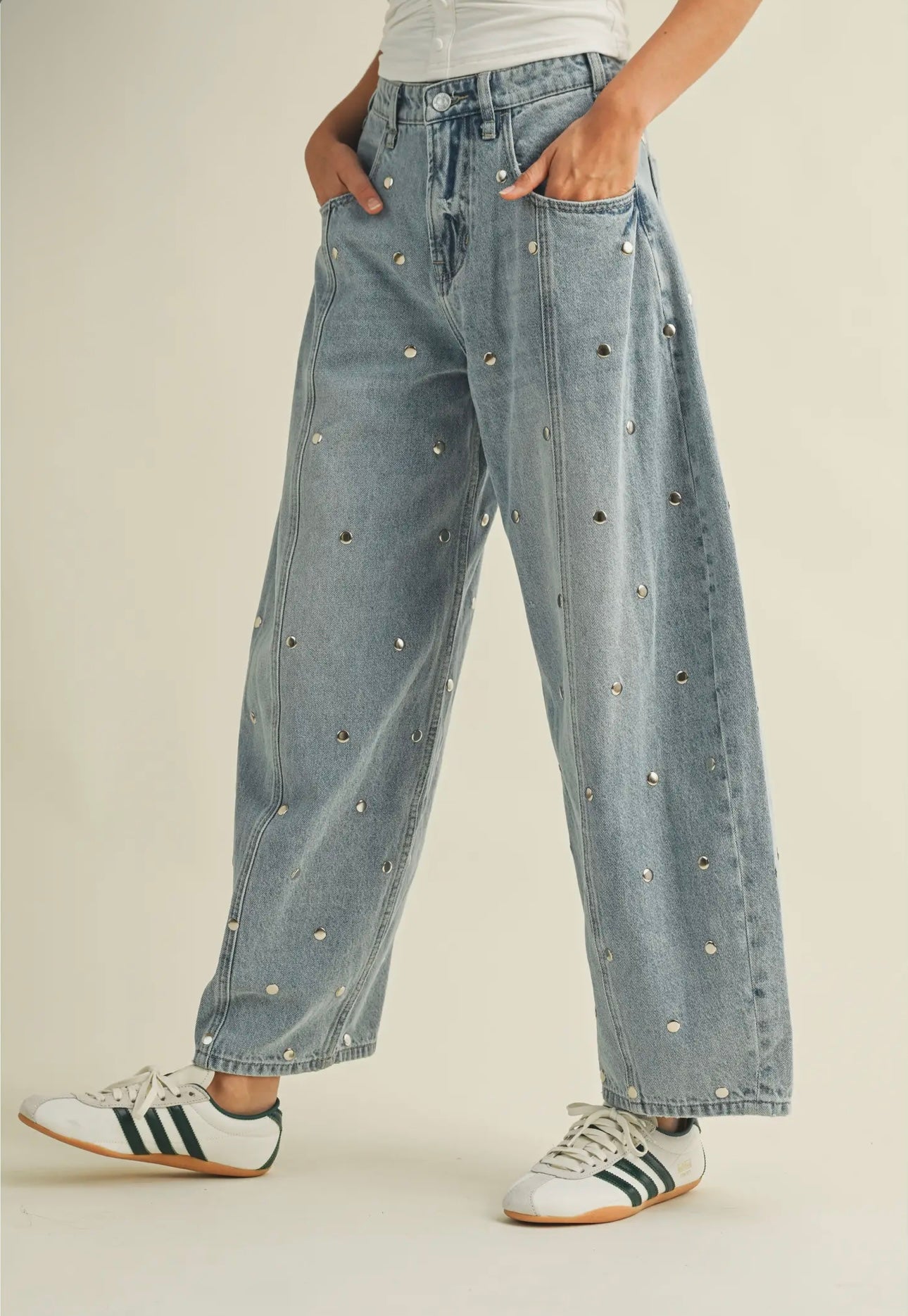 "DEW DROPS" Studded Barrel Jean