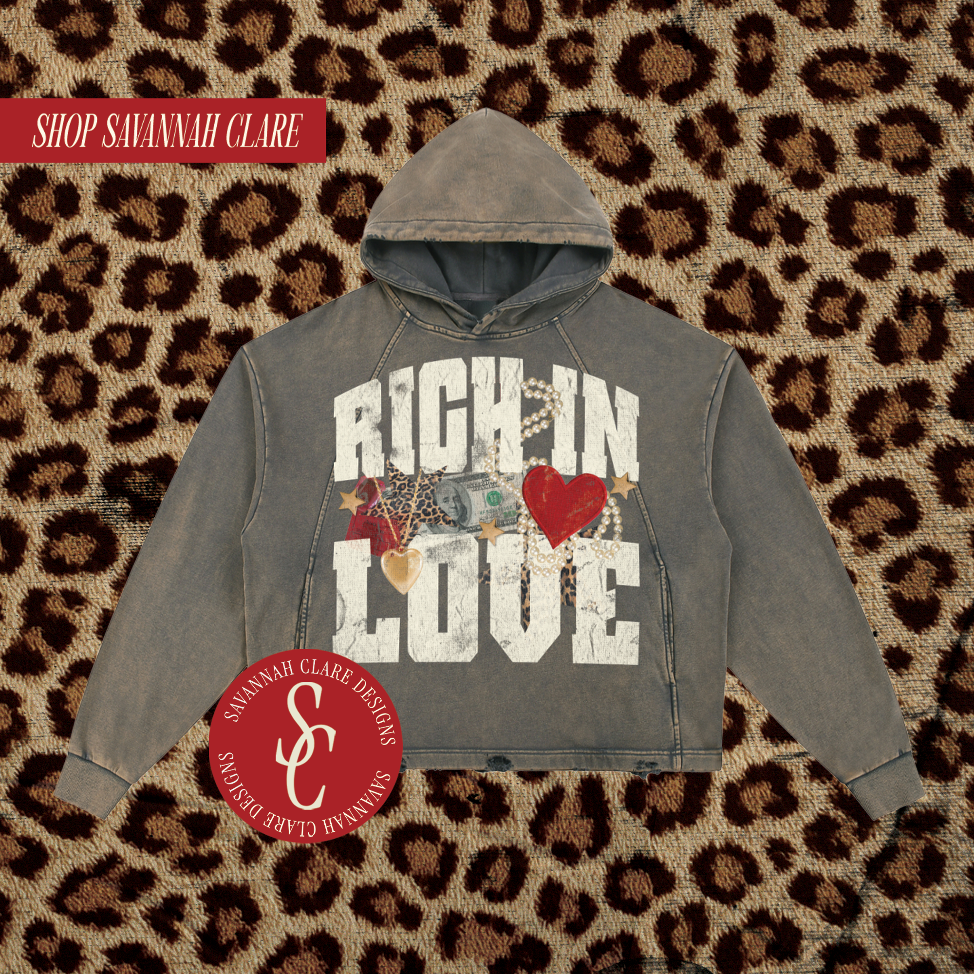 "RICH IN LOVE" Vintage Wash Distressed Boxy Hoodie