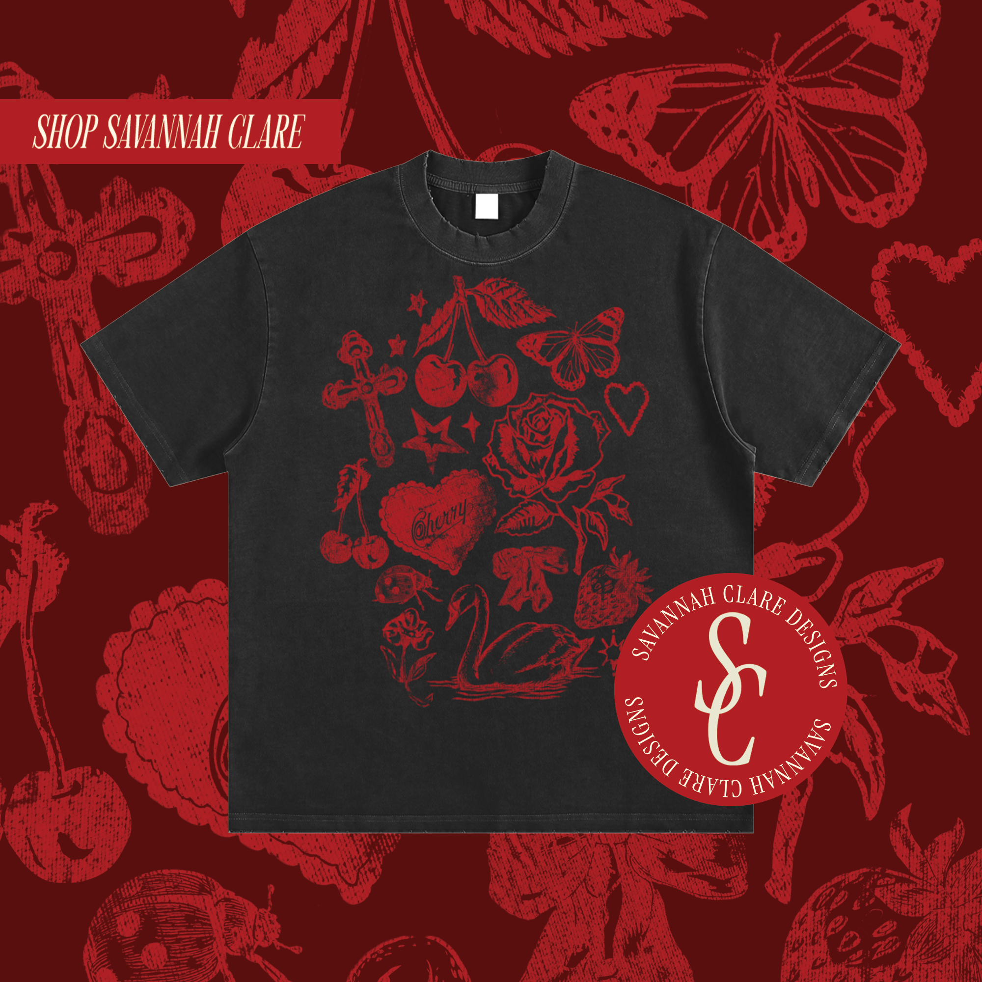 "MY FAV THINGS" Distressed Heavy Weight Tee Black/Red