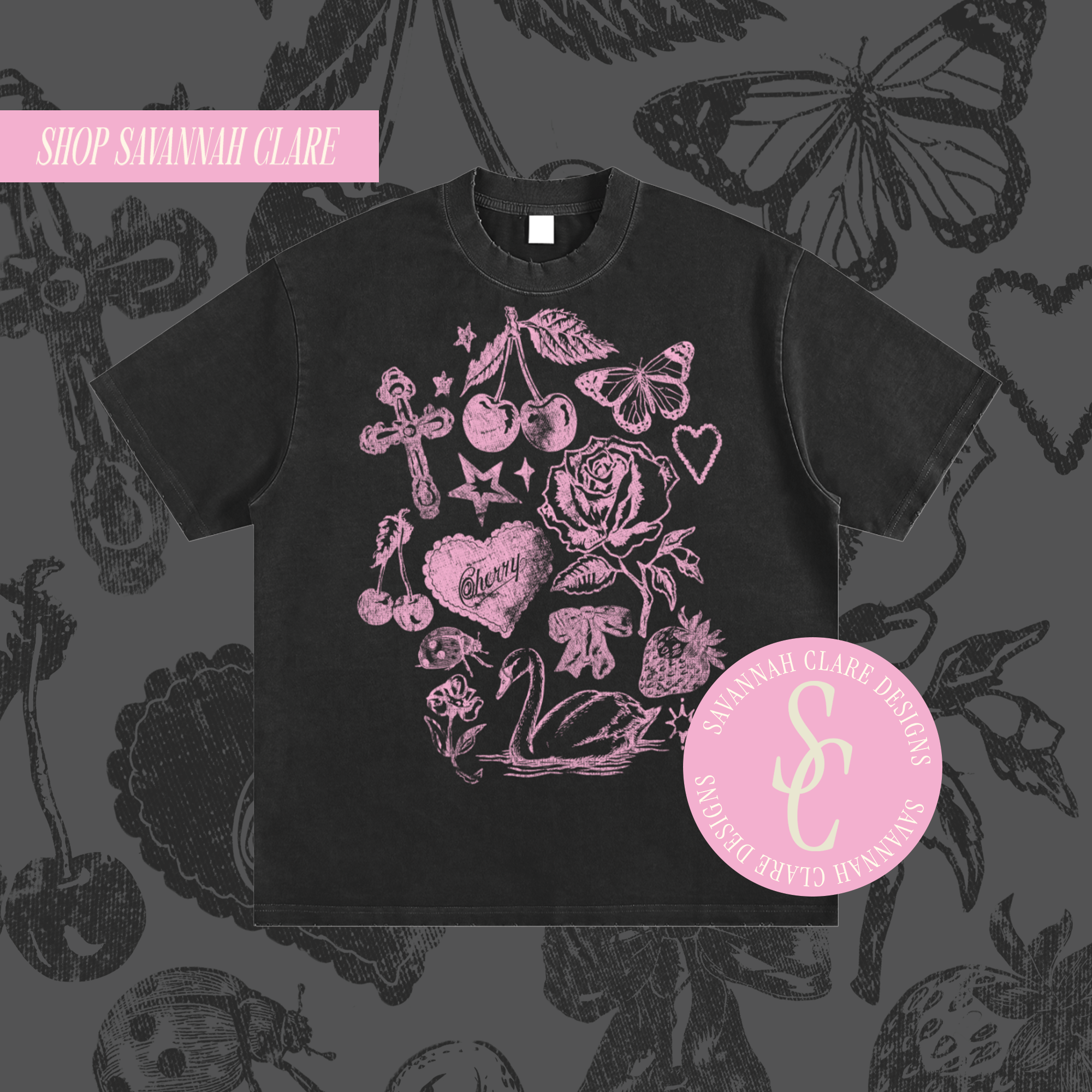 "MY FAV THINGS" Distressed Heavy Weight Tee Black/Pink