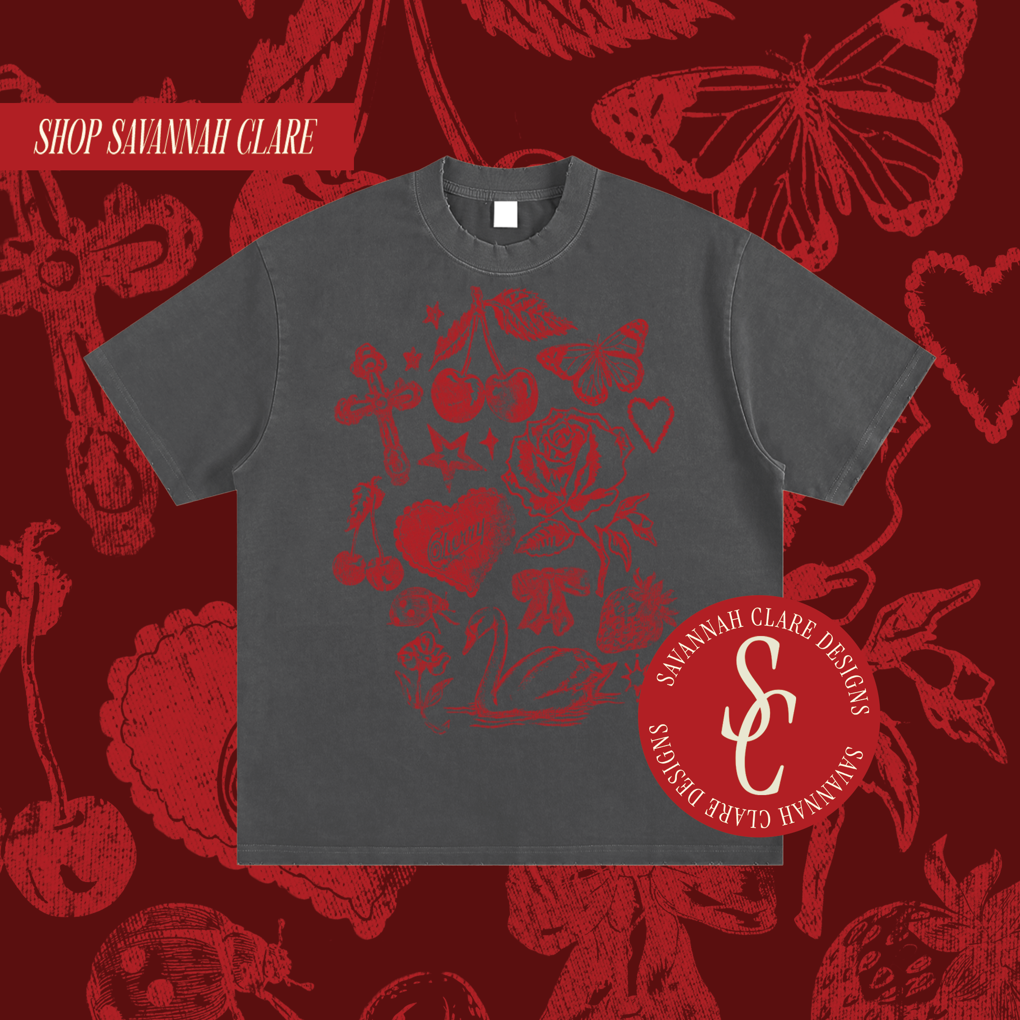 "MY FAV THINGS" Distressed Heavy Weight Tee Grey/Red