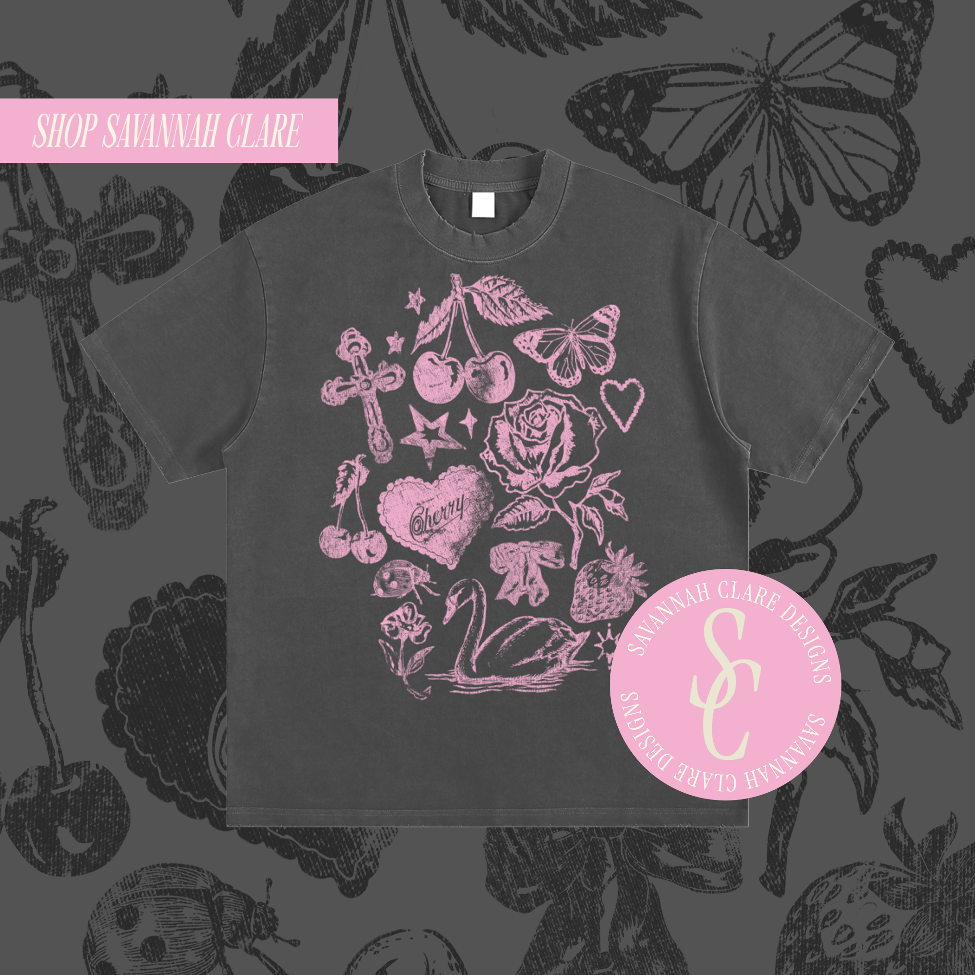 "MY FAV THINGS" Distressed Heavy Weight Tee Grey/Pink