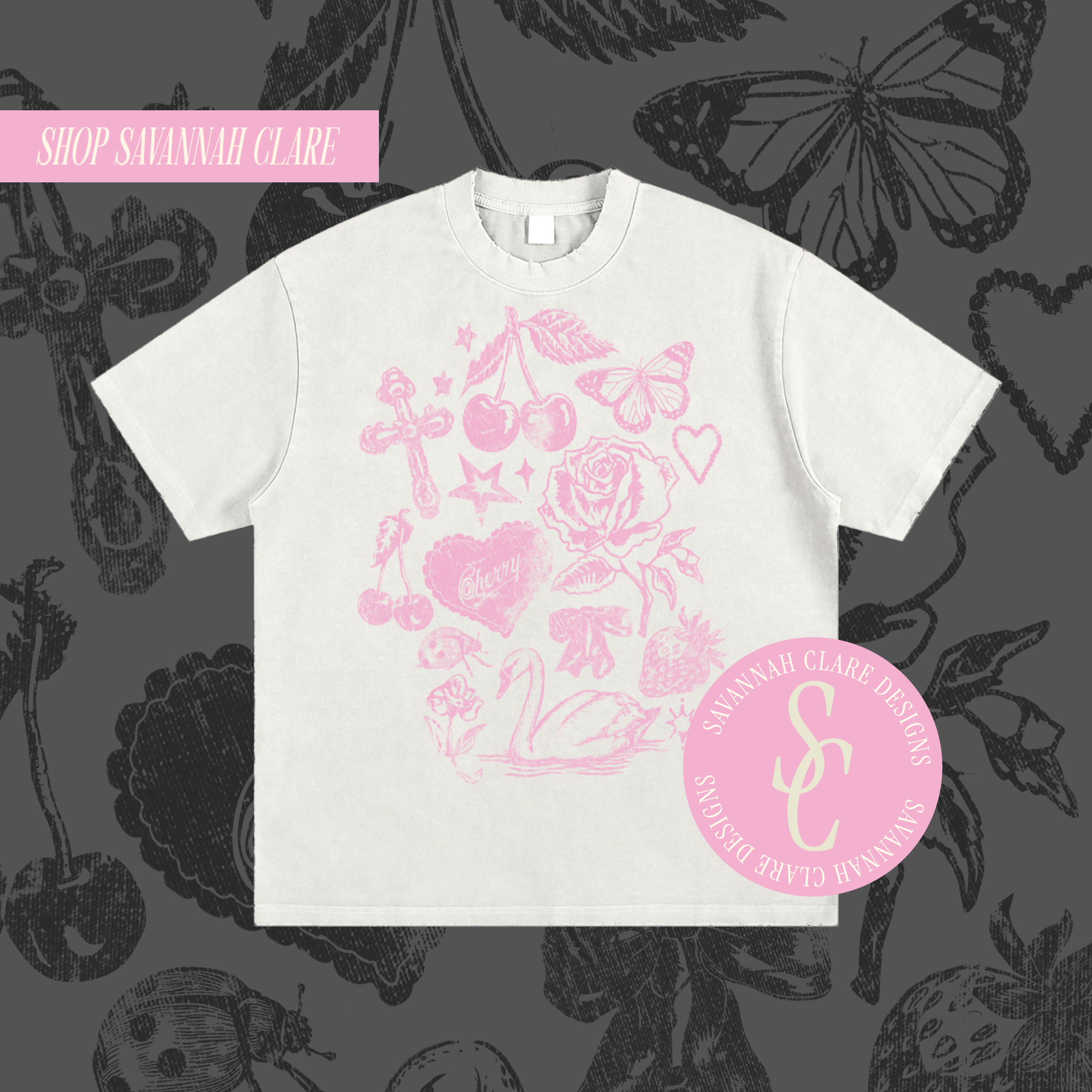 "MY FAV THINGS" Distressed Heavy Weight Tee White/Pink